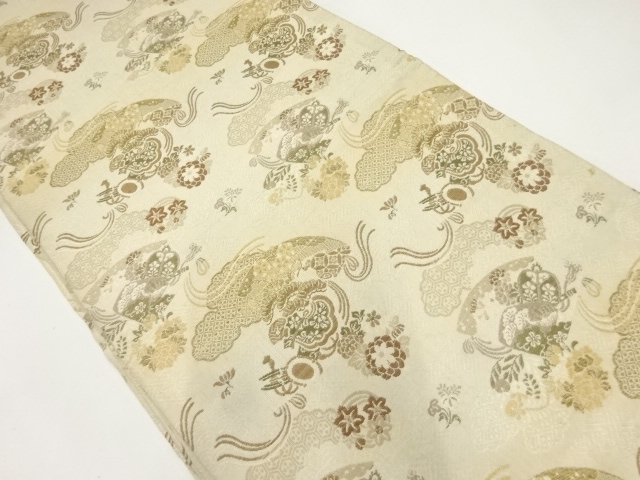 アンティーク　扇に草花・宝尽くし模様織出し丸帯（材料）